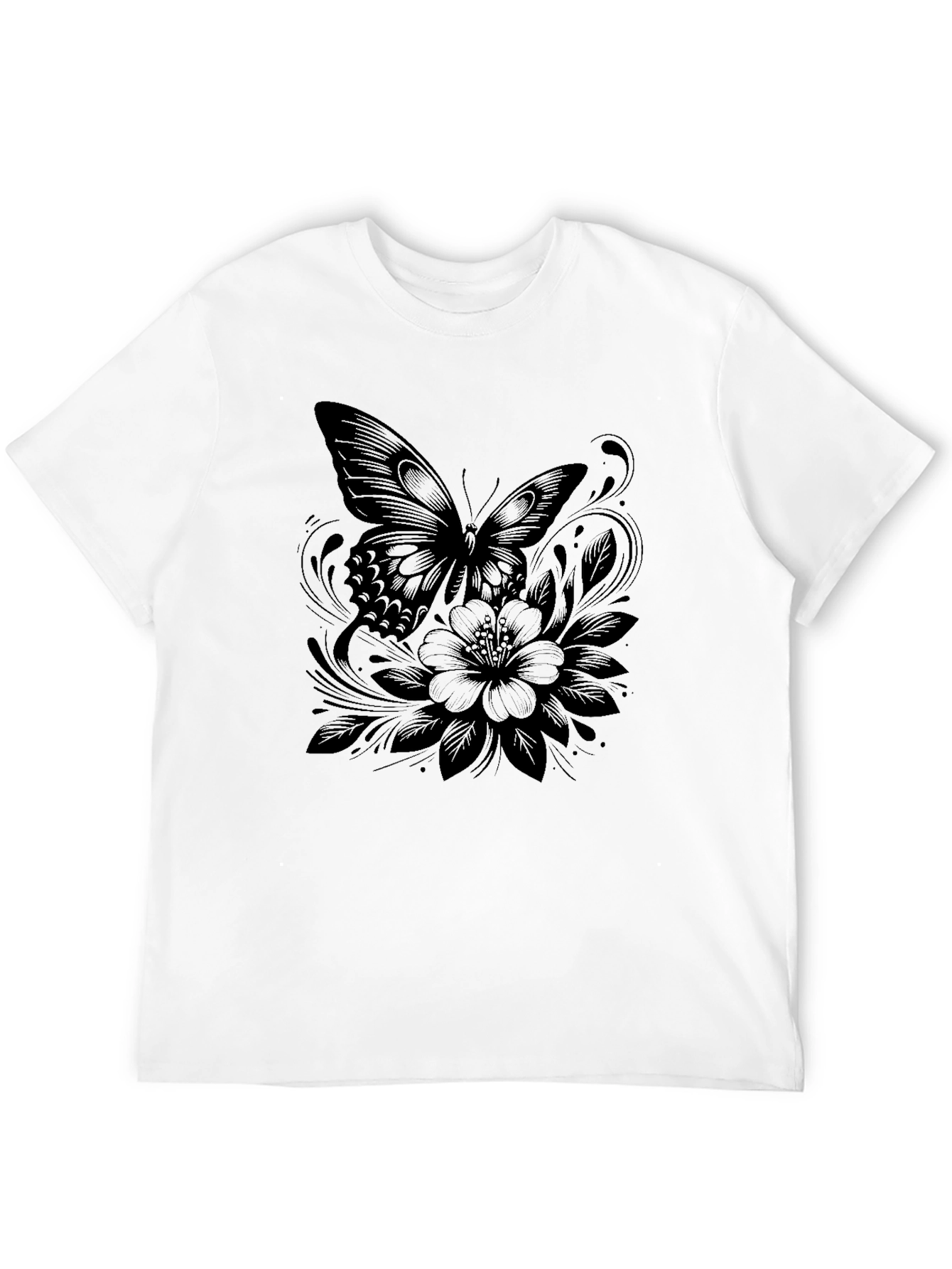 Butterfly and Floral Print Black T-Shirt