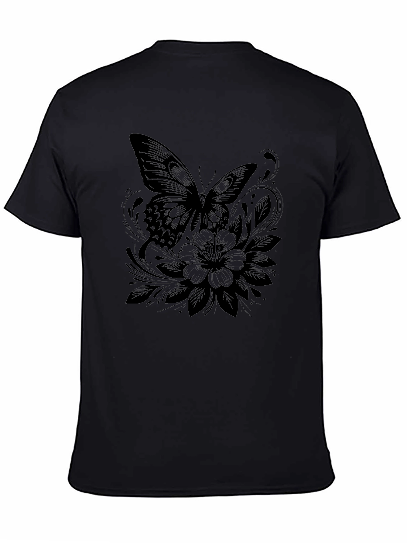 Butterfly and Floral Print Black T-Shirt