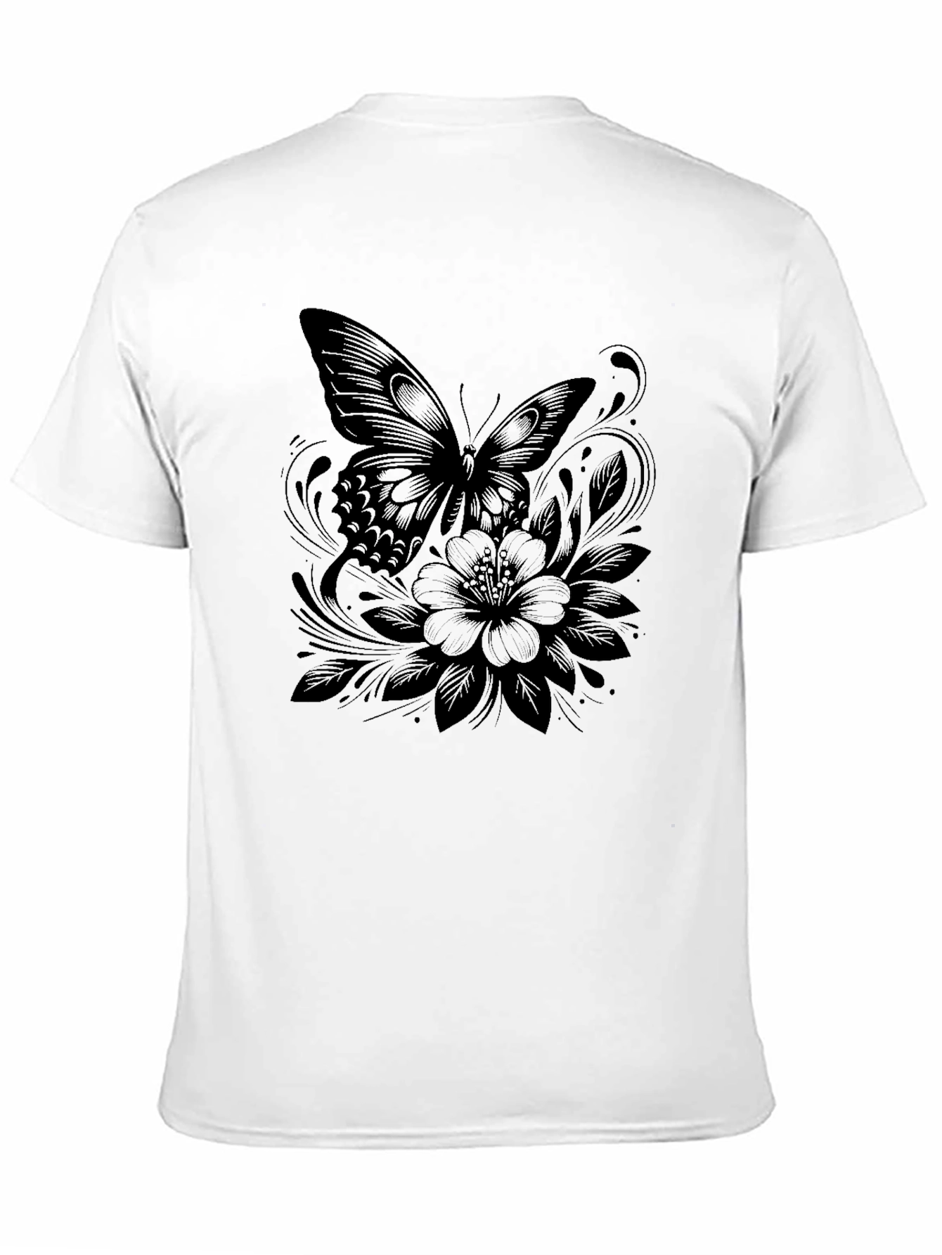 Butterfly and Floral Print Black T-Shirt