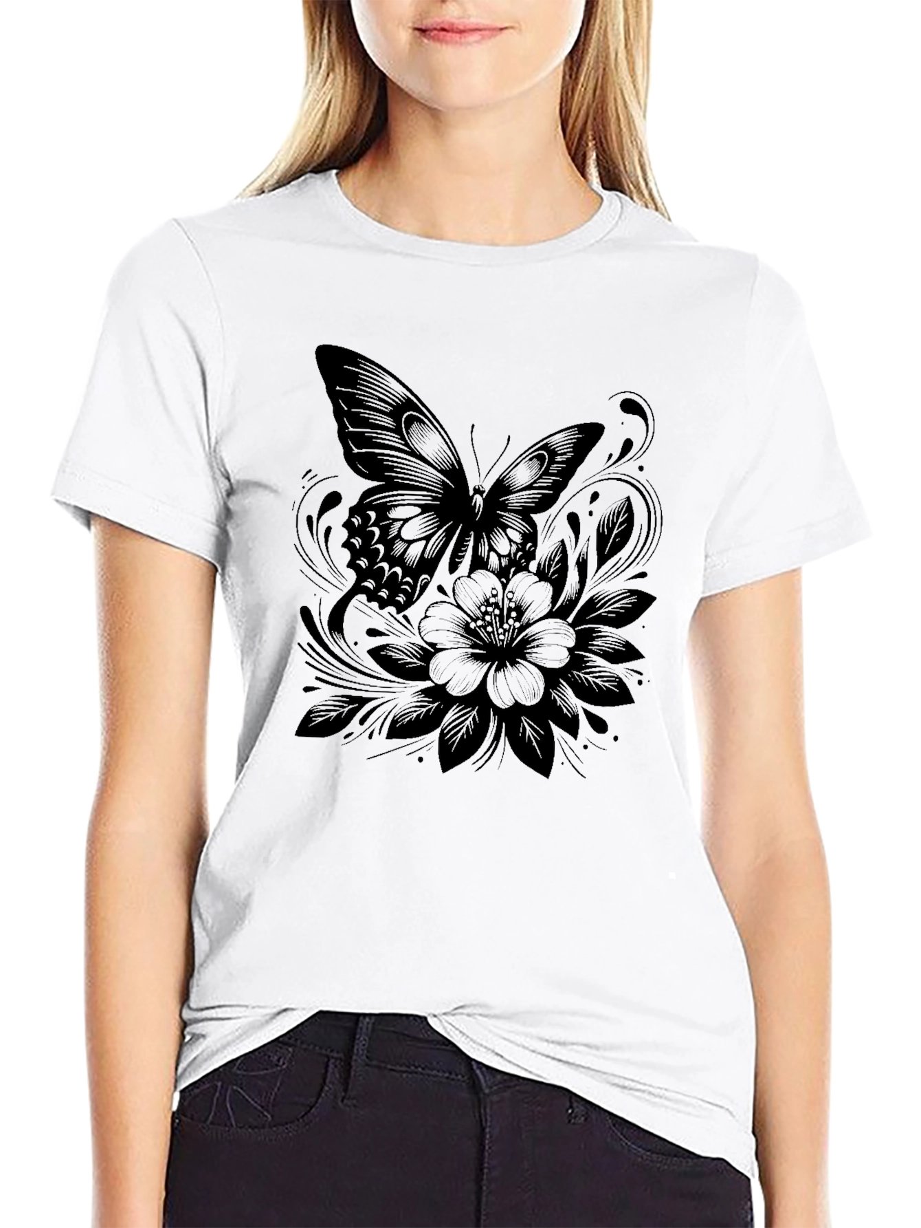 Butterfly and Floral Print Black T-Shirt