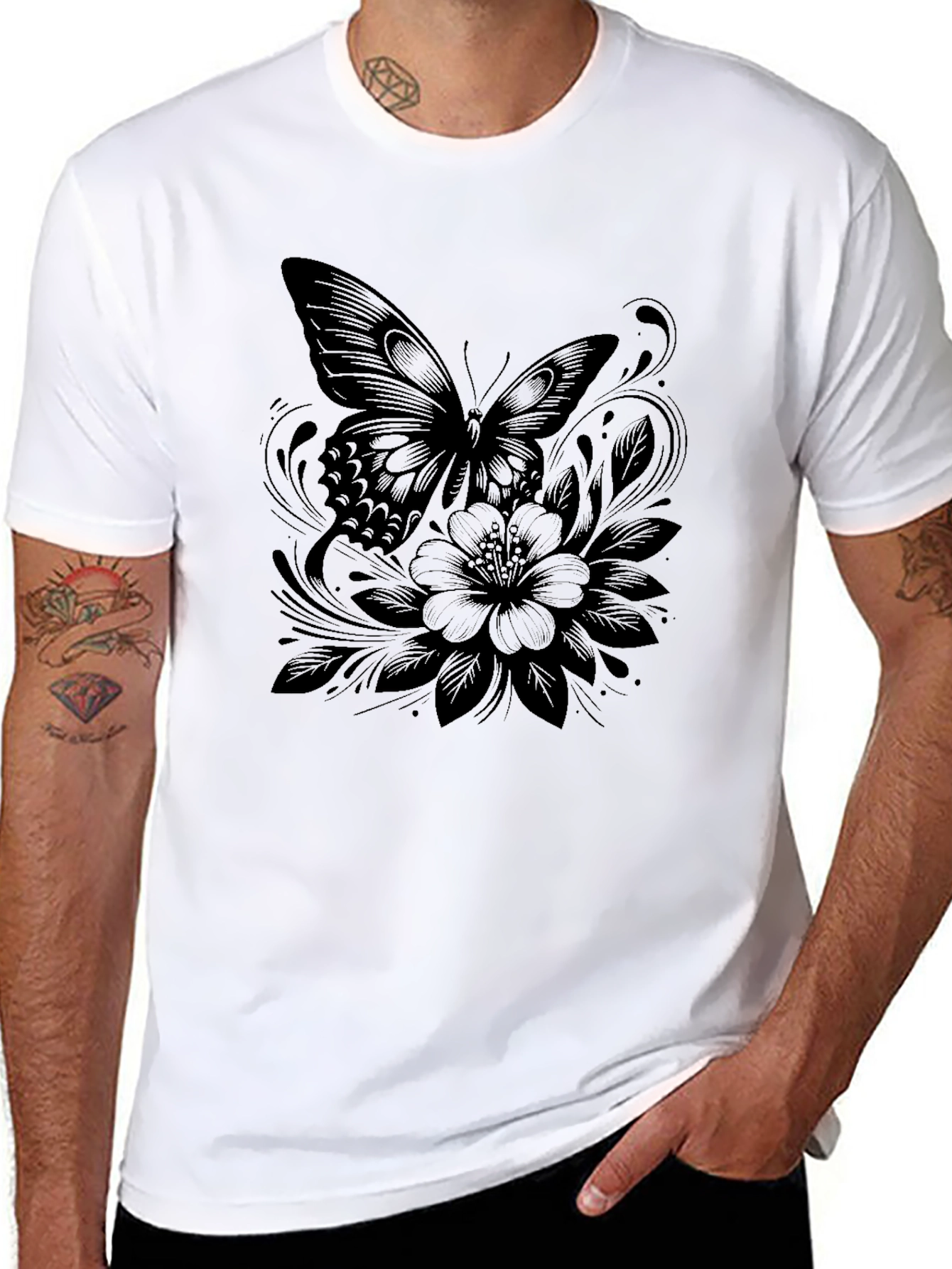 Butterfly and Floral Print Black T-Shirt