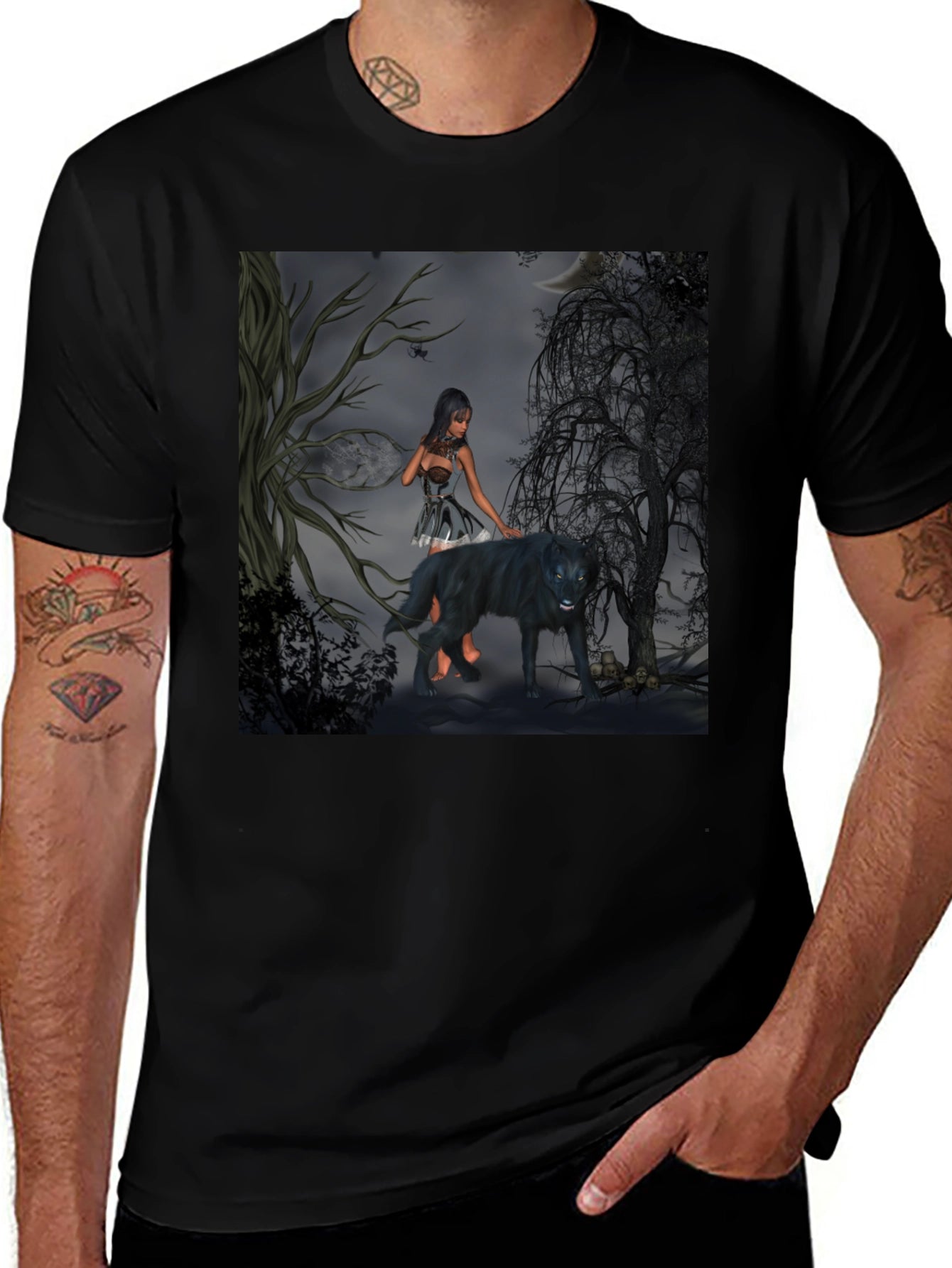Mystical Woman and Wolf Graphic T-Shirt