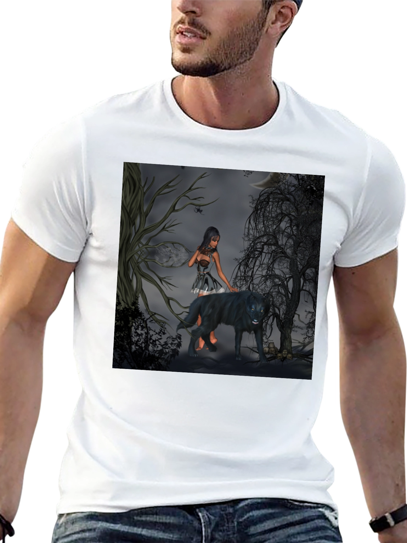 Mystical Woman and Wolf Graphic T-Shirt