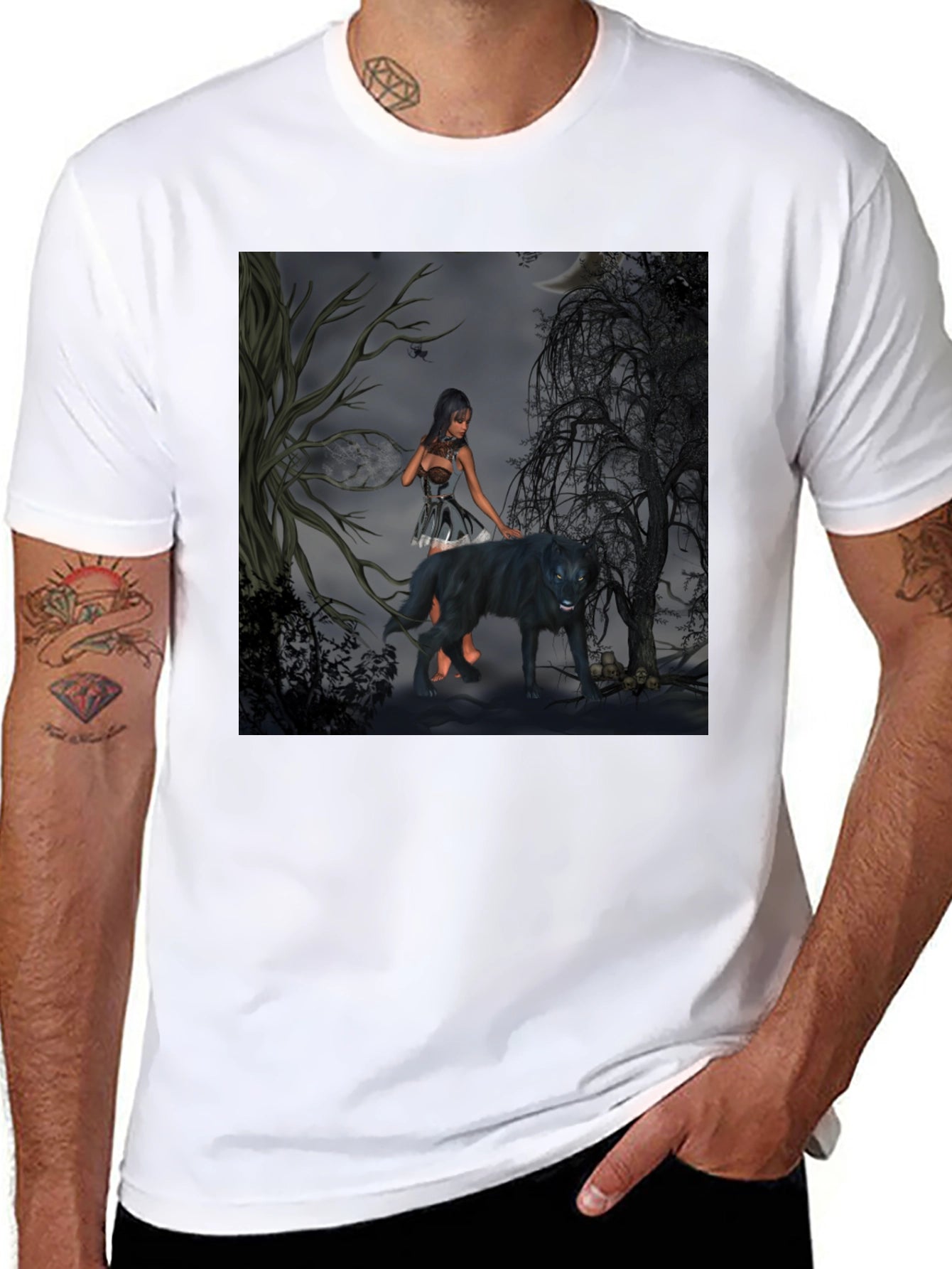 Mystical Woman and Wolf Graphic T-Shirt