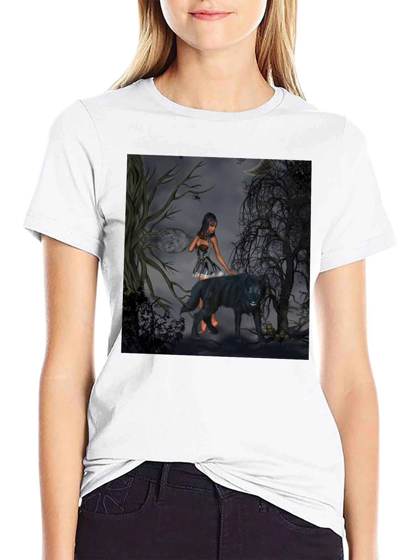 Mystical Woman and Wolf Graphic T-Shirt
