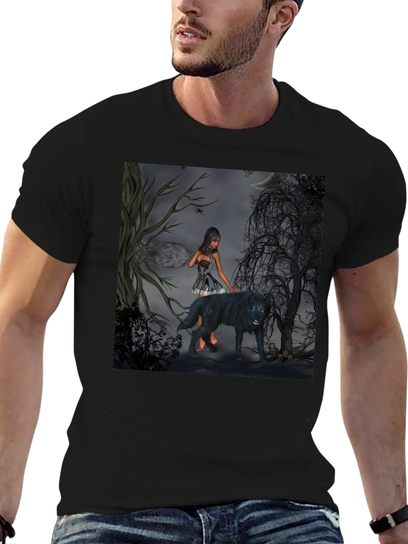 Mystical Woman and Wolf Graphic T-Shirt