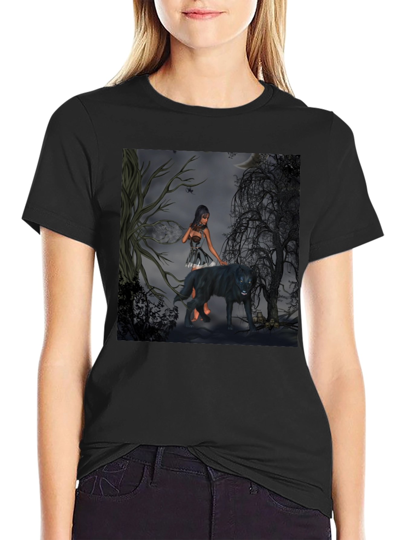 Mystical Woman and Wolf Graphic T-Shirt