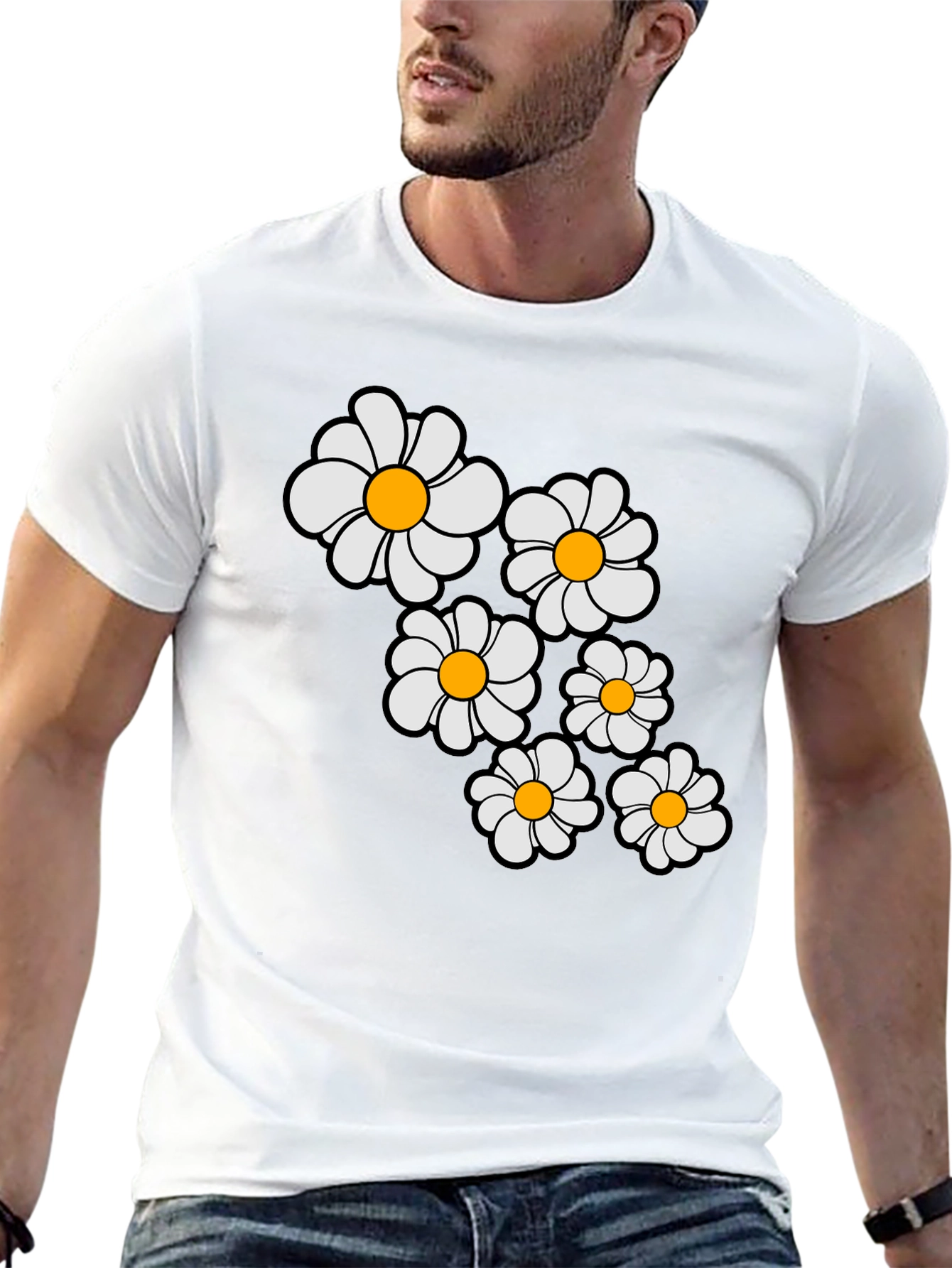 Daisy Flower Graphic Print Black T-Shirt