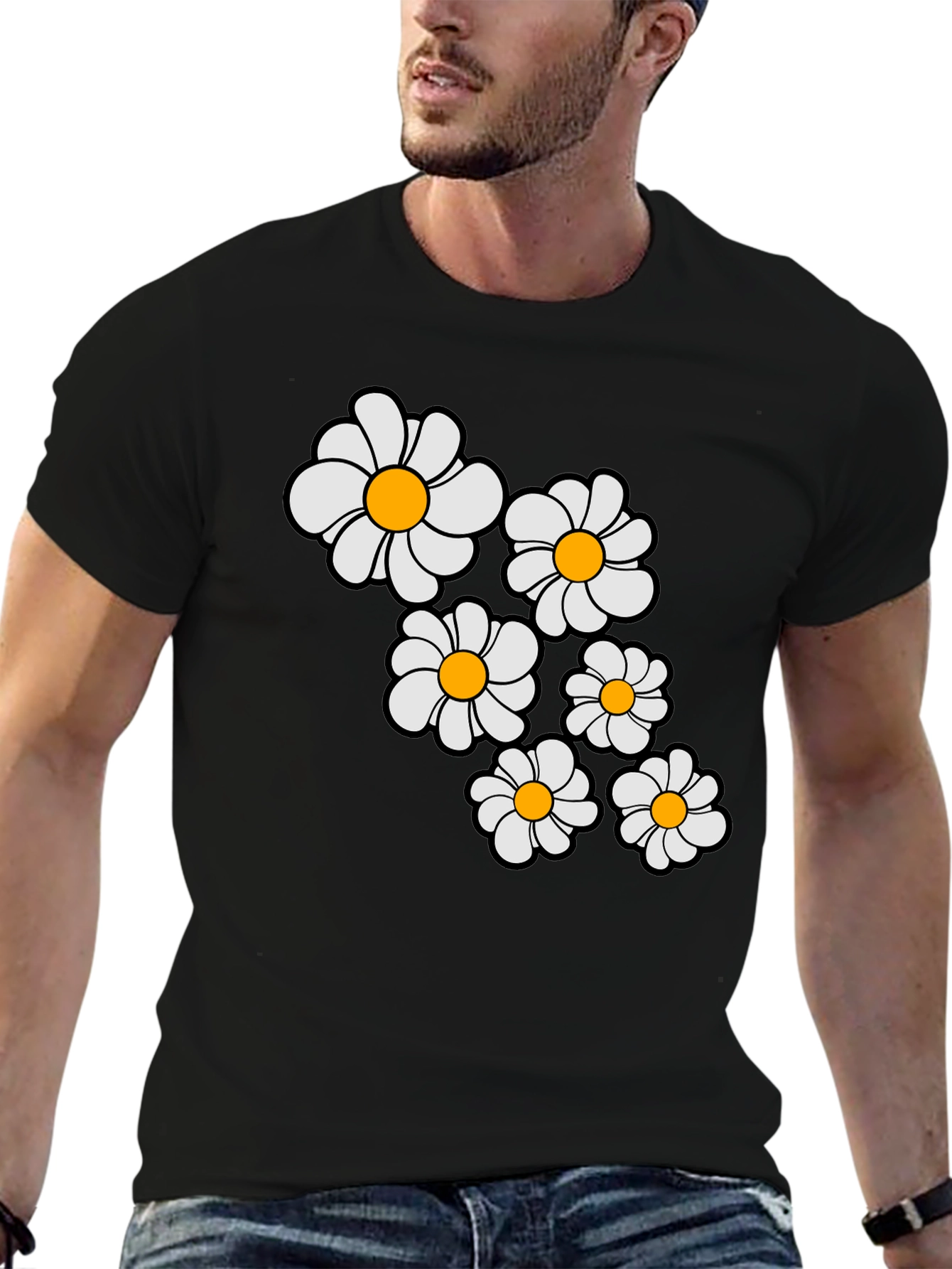 Daisy Flower Graphic Print Black T-Shirt