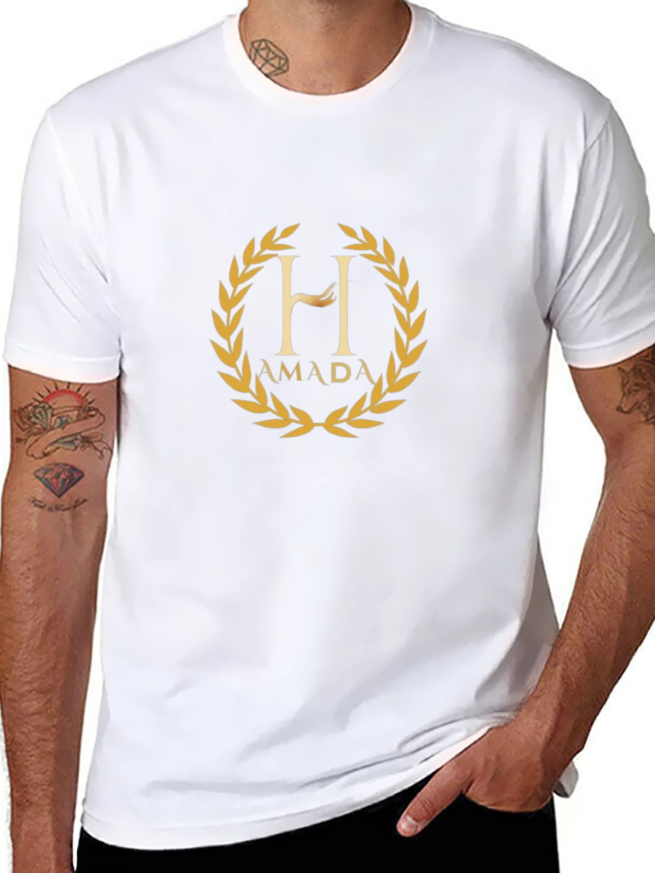 AMADA - Black Cotton T-Shirt with Golden Laurel Design