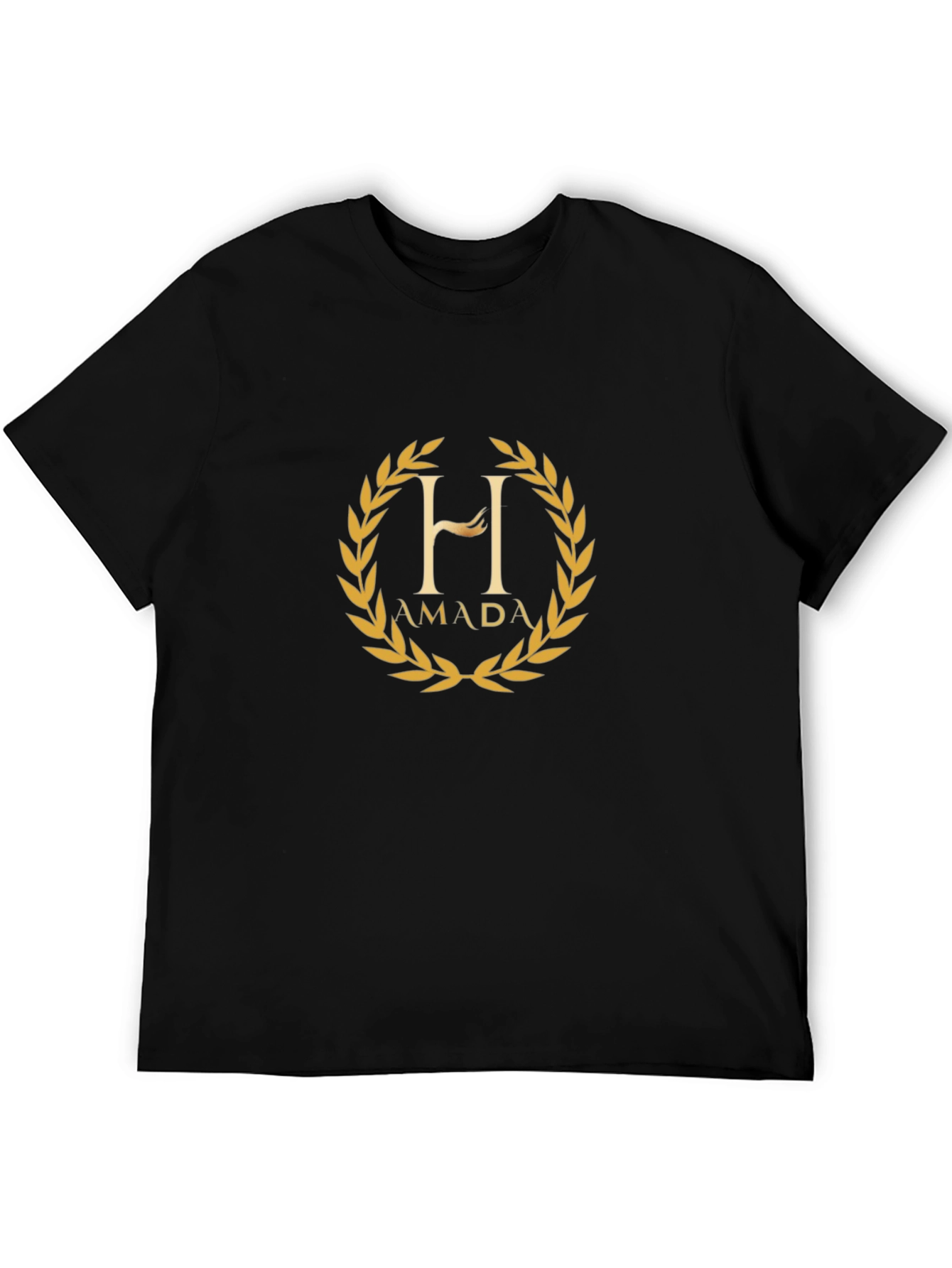 AMADA - Black Cotton T-Shirt with Golden Laurel Design