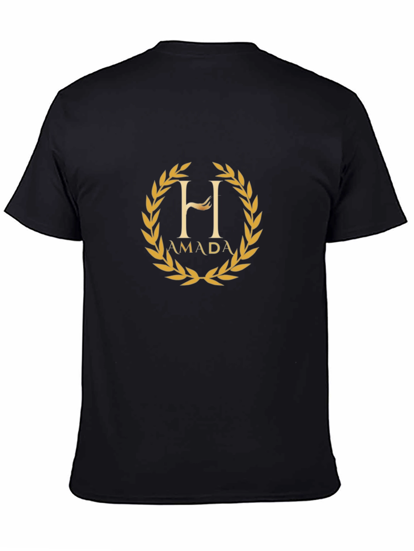 AMADA - Black Cotton T-Shirt with Golden Laurel Design