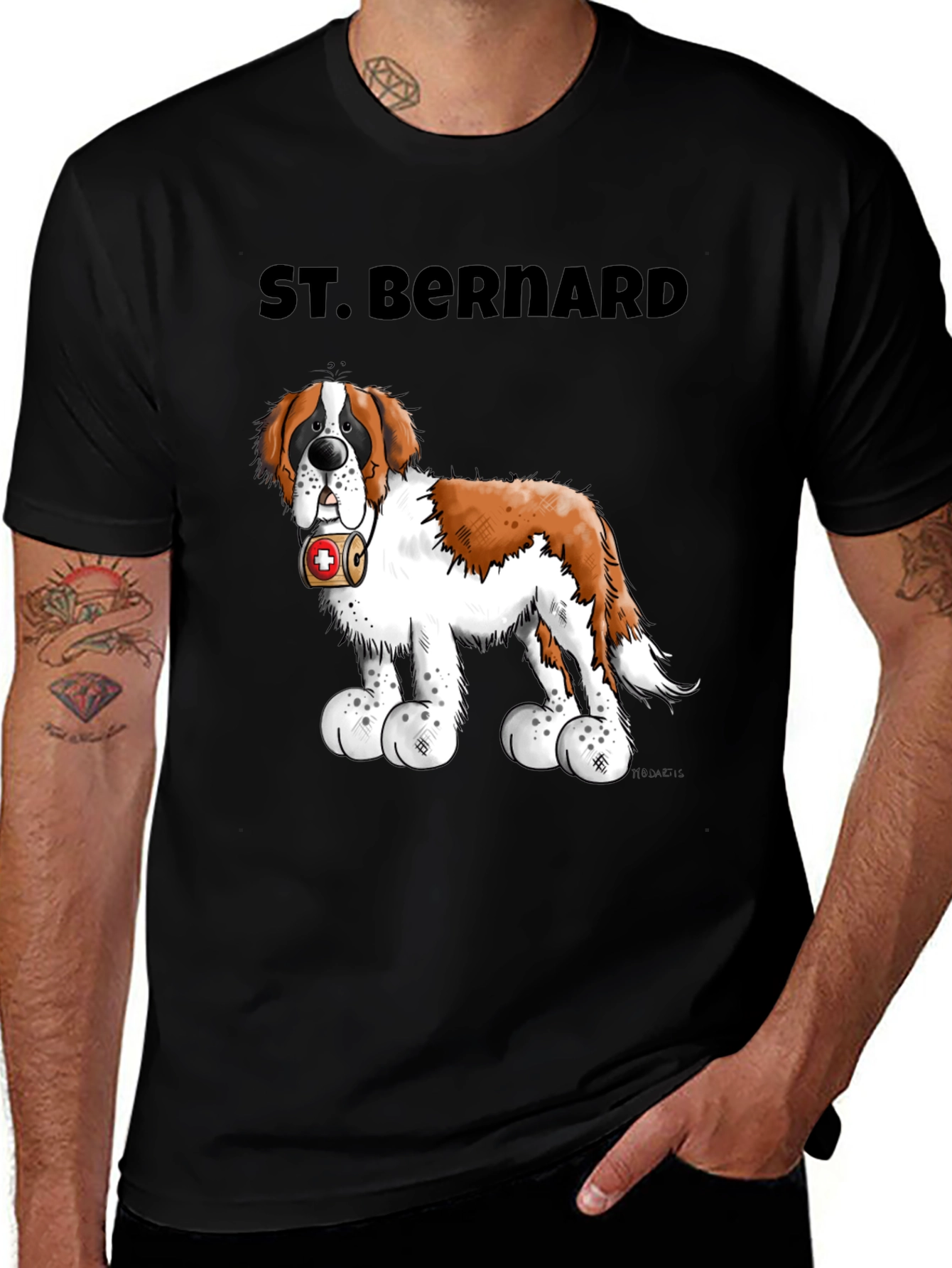 St. Bernard Dog Cartoon Black T-Shirt