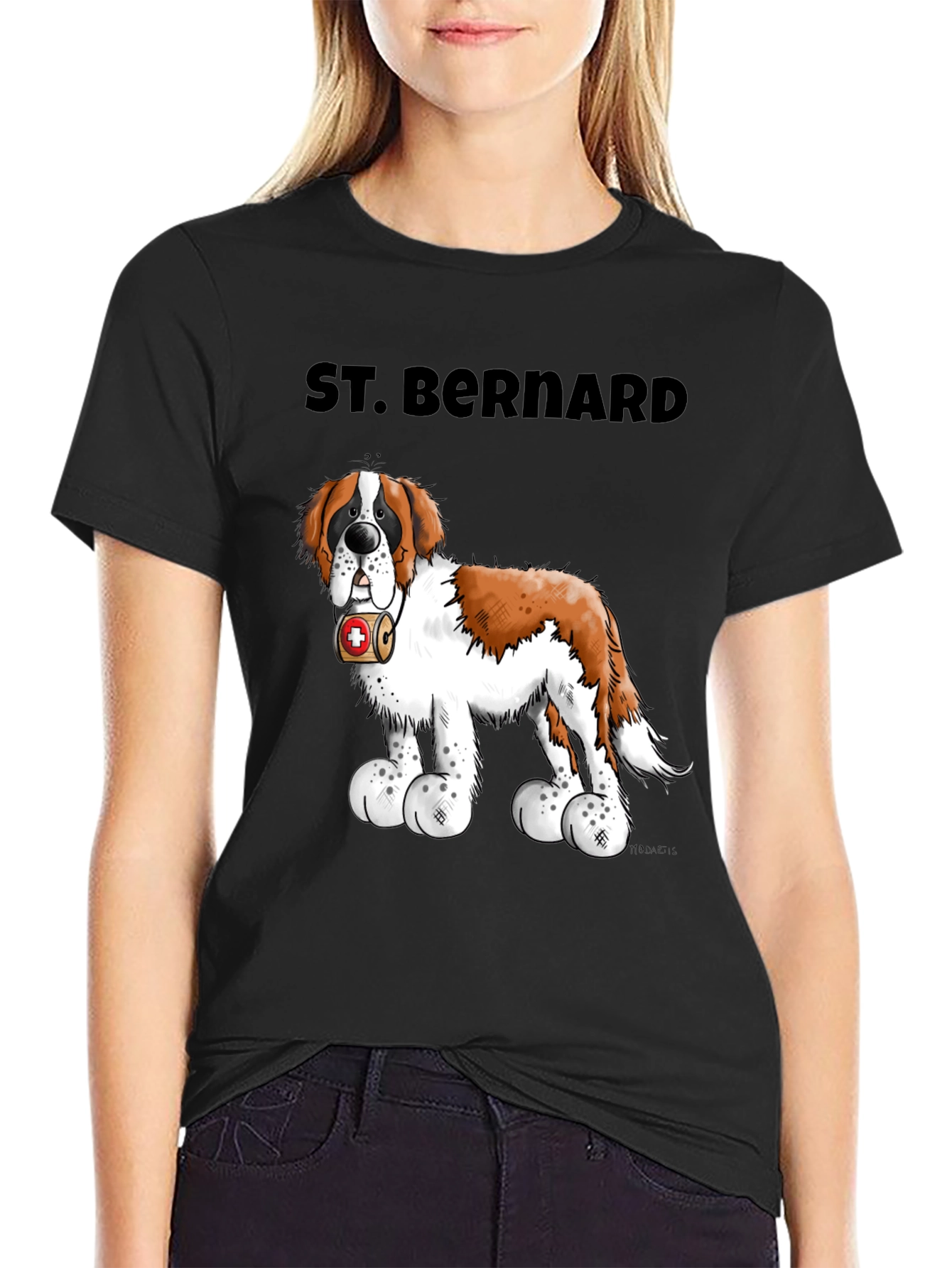 St. Bernard Dog Cartoon Black T-Shirt