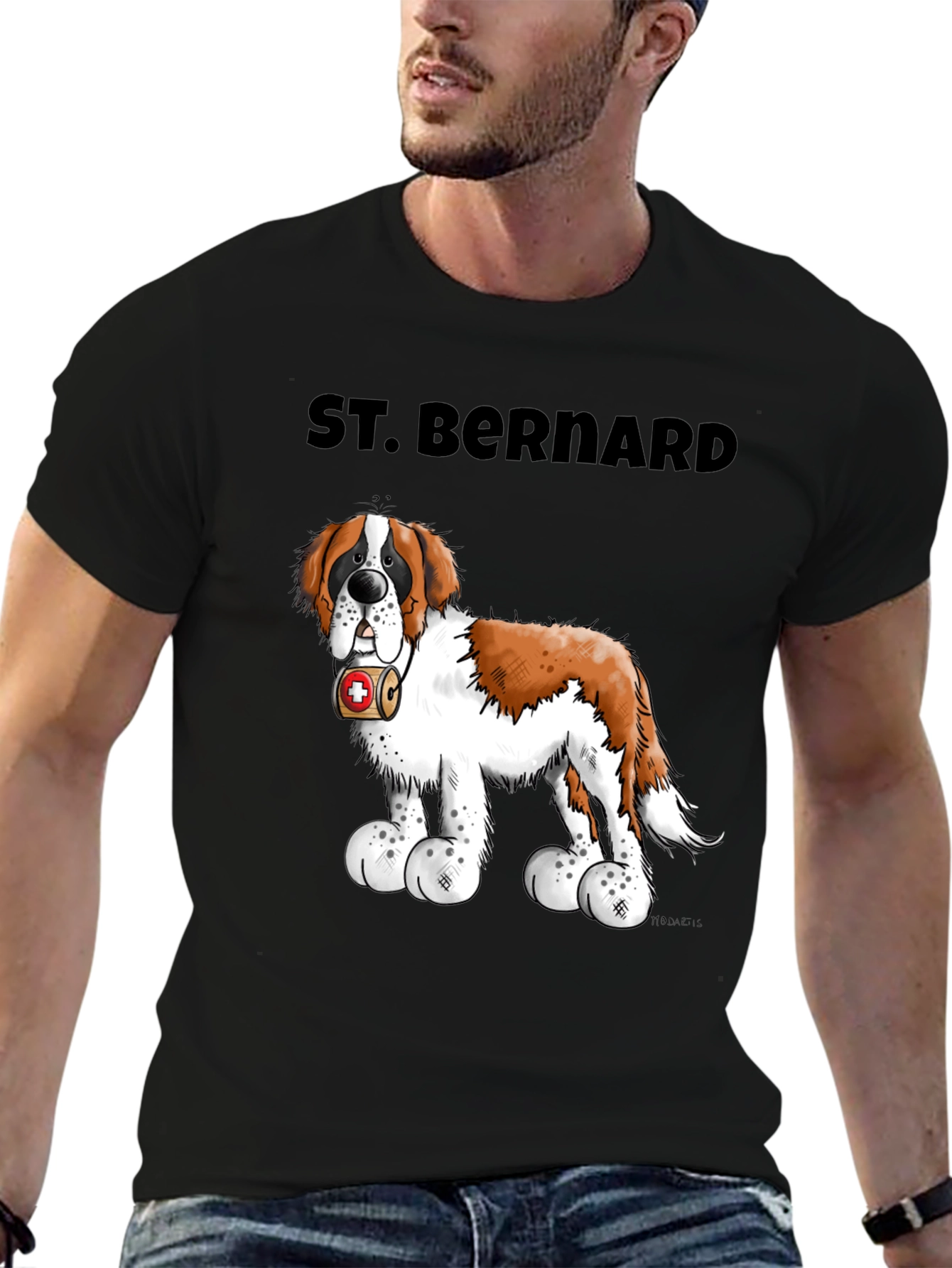 St. Bernard Dog Cartoon Black T-Shirt