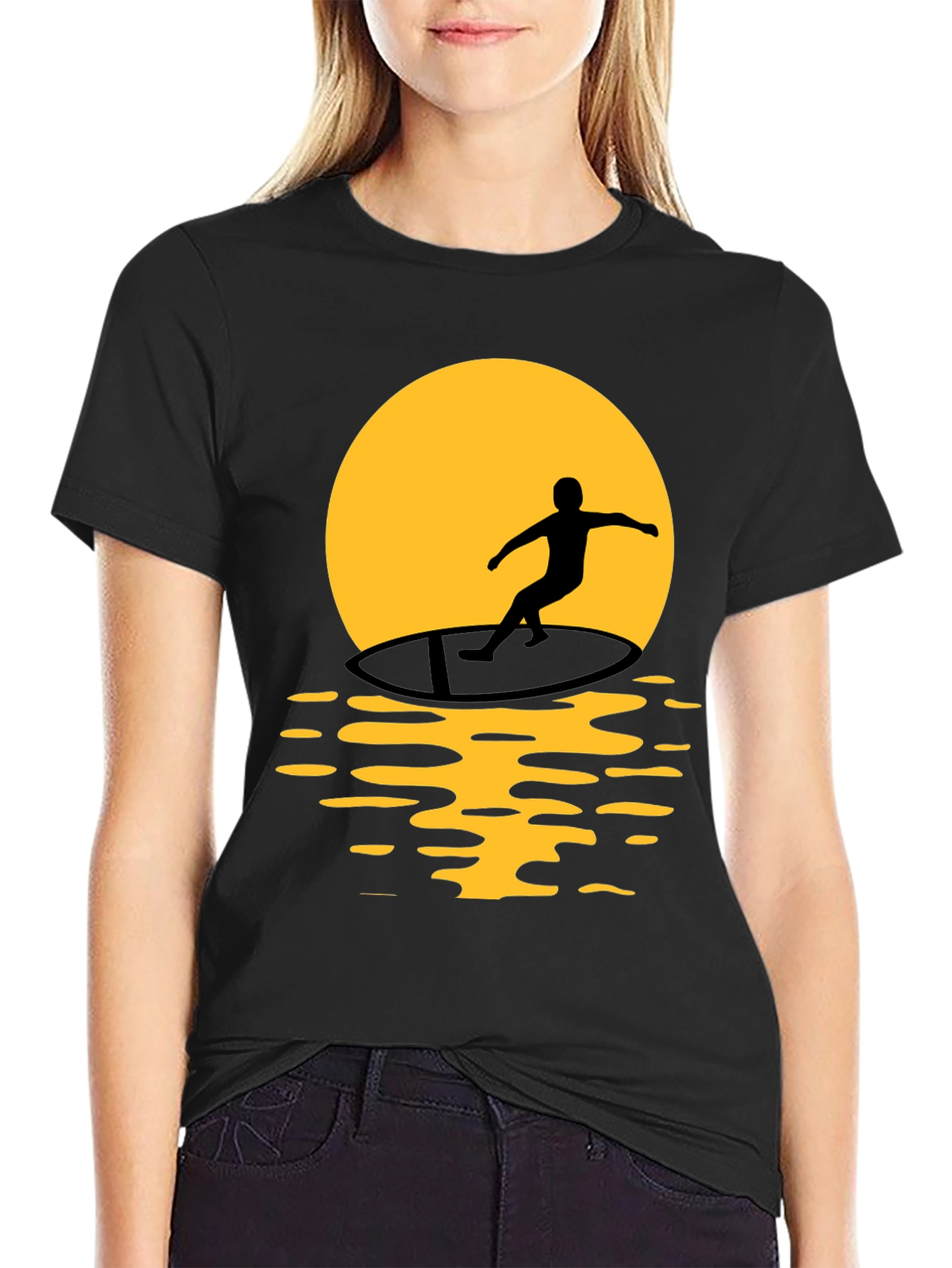 Surfer Silhouette Graphic Tee - Black Cotton T-Shirt