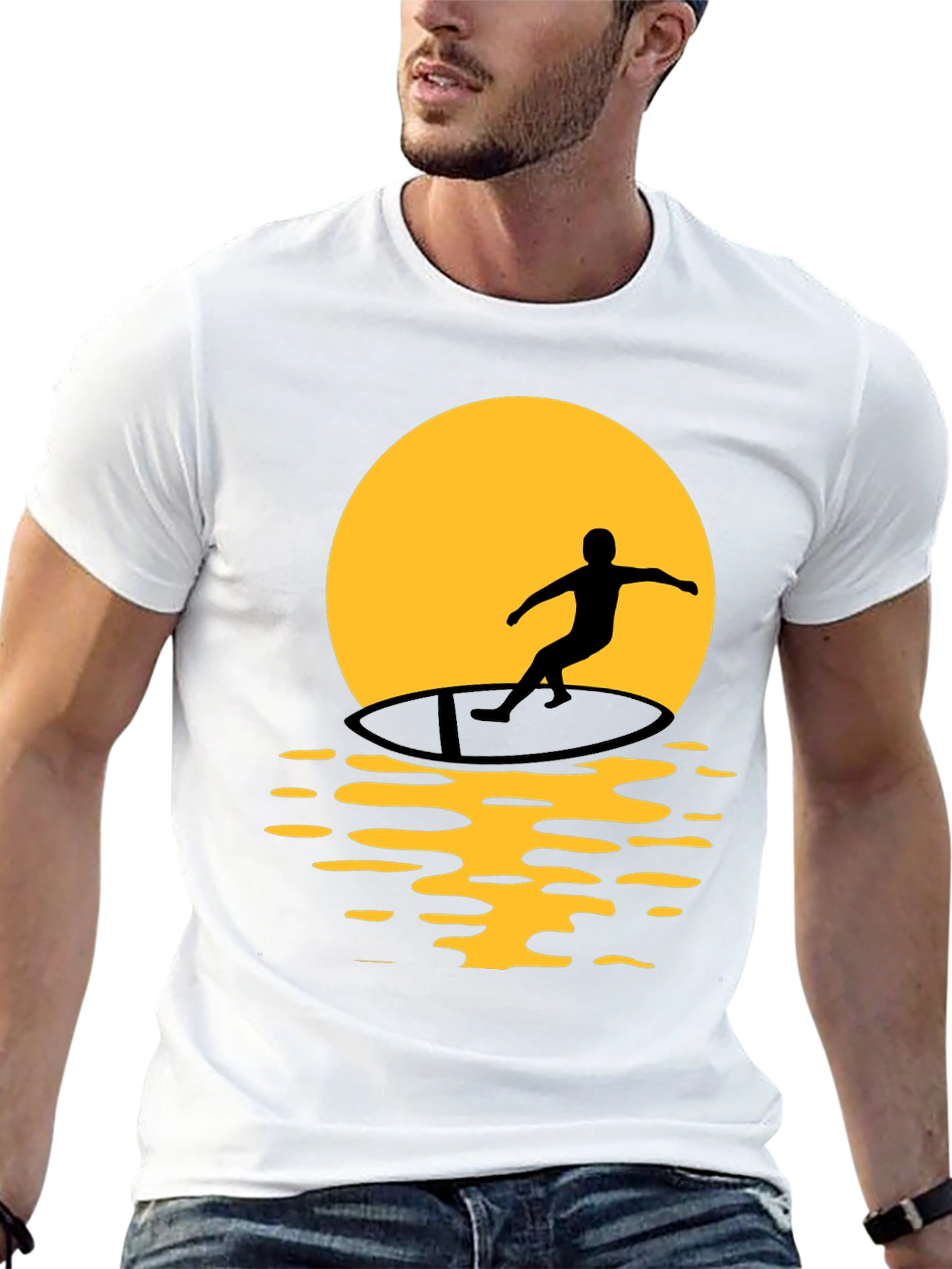 Surfer Silhouette Graphic Tee - Black Cotton T-Shirt