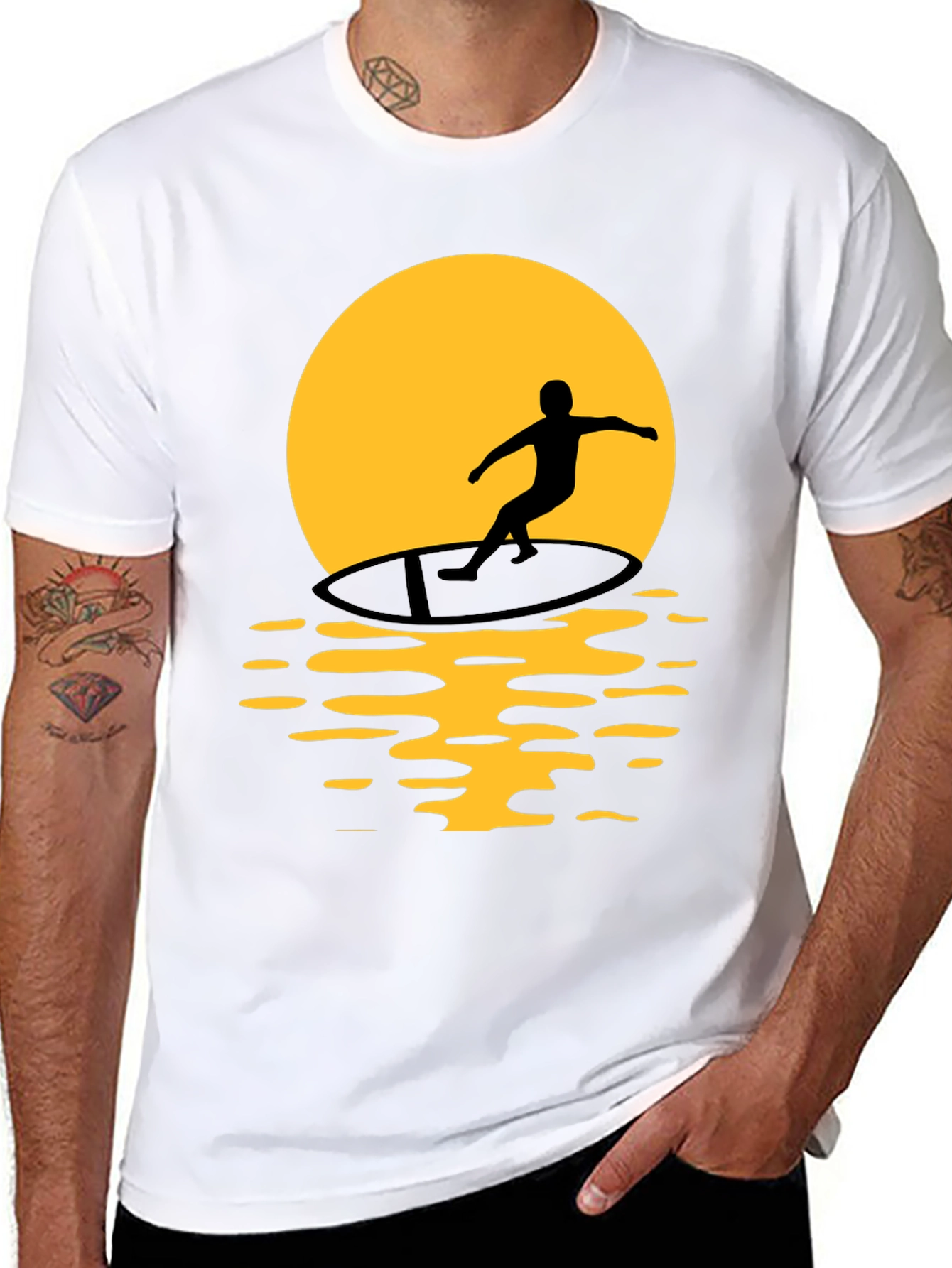 Surfer Silhouette Graphic Tee - Black Cotton T-Shirt