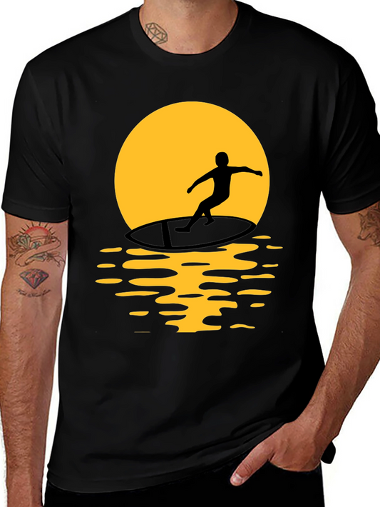 Surfer Silhouette Graphic Tee - Black Cotton T-Shirt