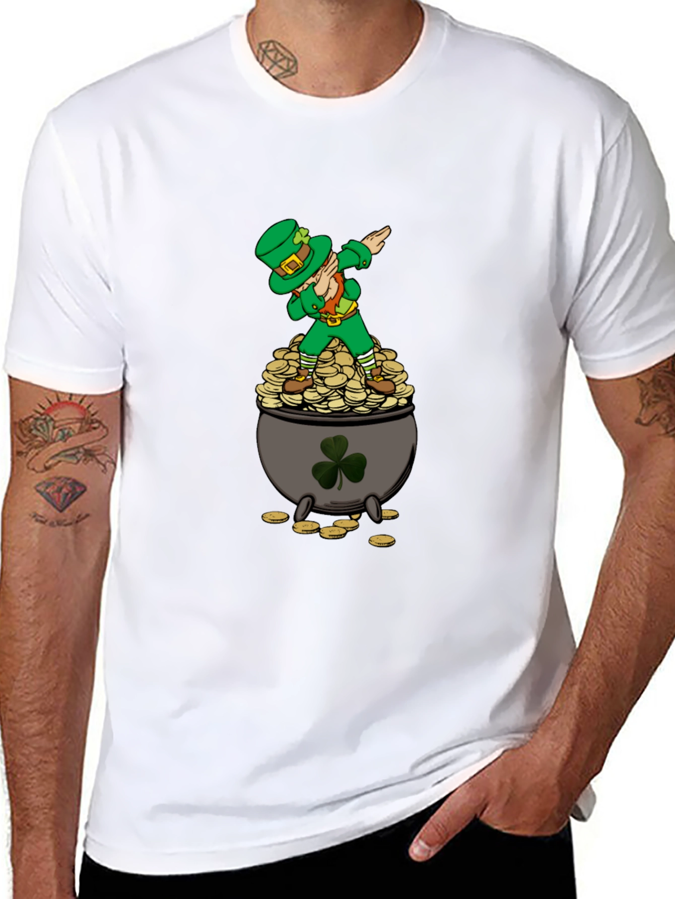 Dabbing Leprechaun on Pot of Gold Mens T-Shirt