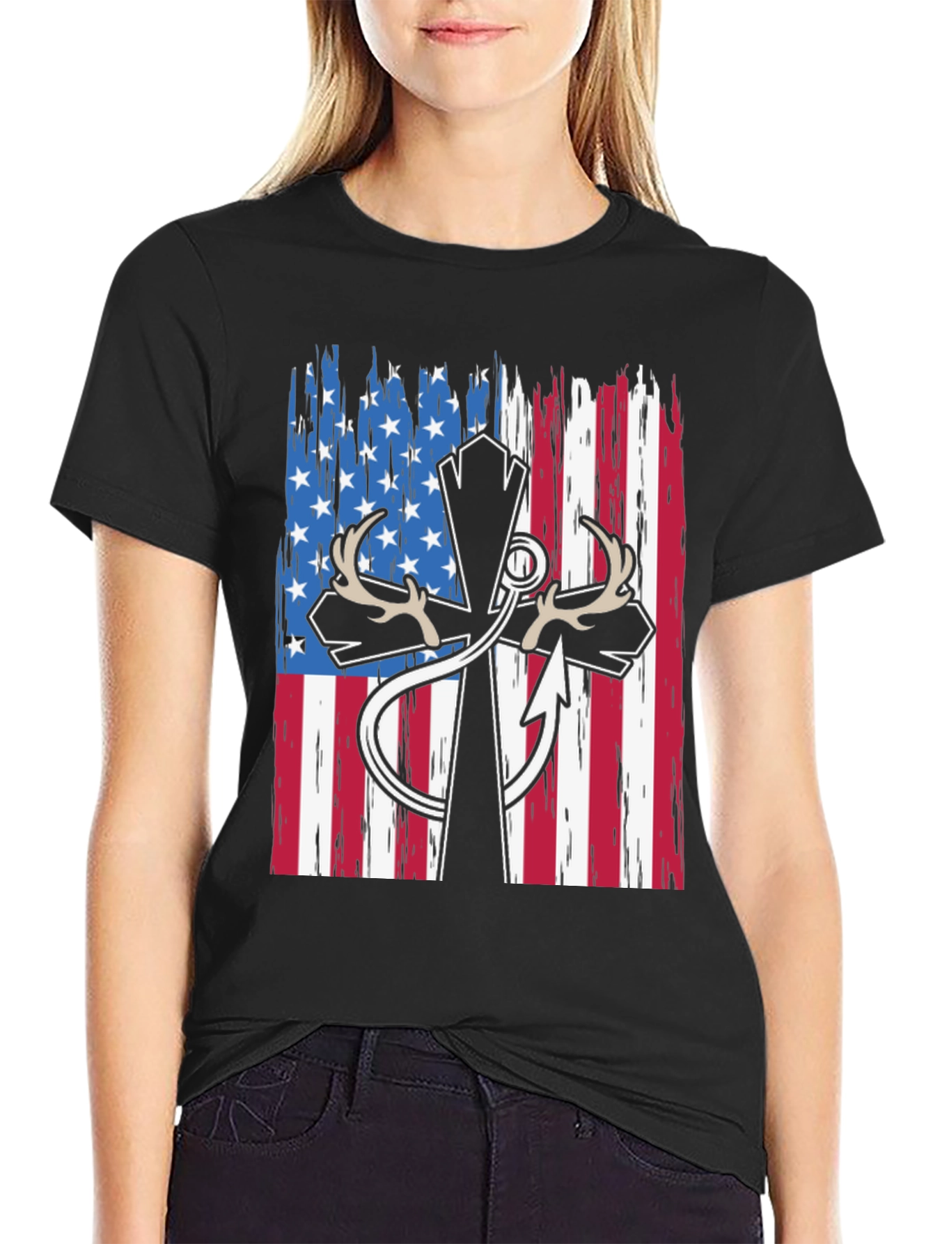 Patriotic Hunting T-Shirt with Cross and Antlers