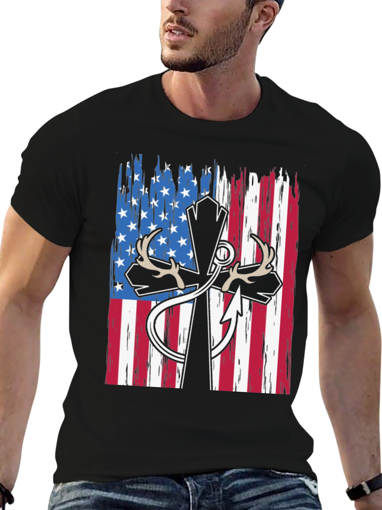Patriotic Hunting T-Shirt with Cross and Antlers