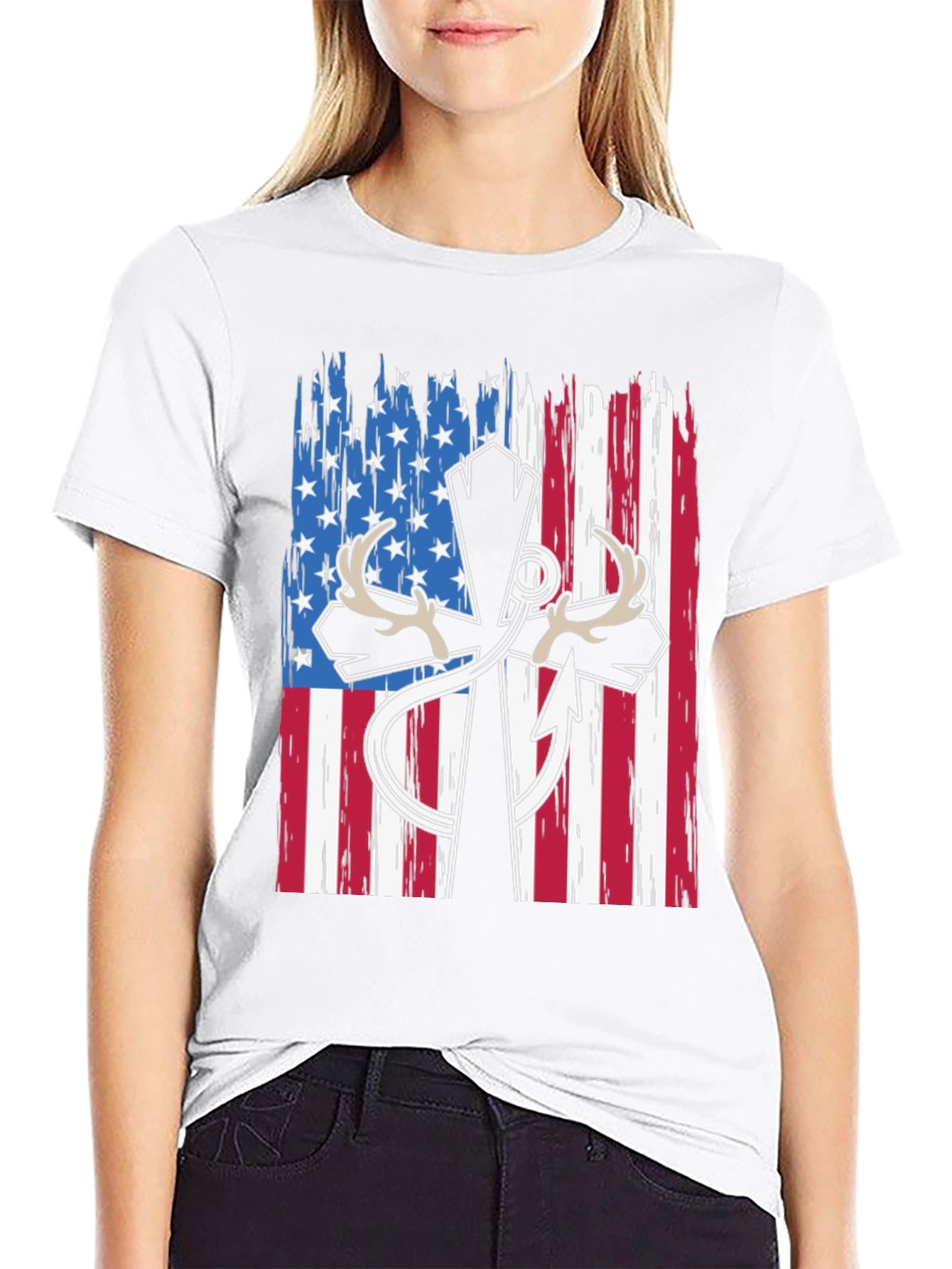 Patriotic Hunting T-Shirt with Cross and Antlers