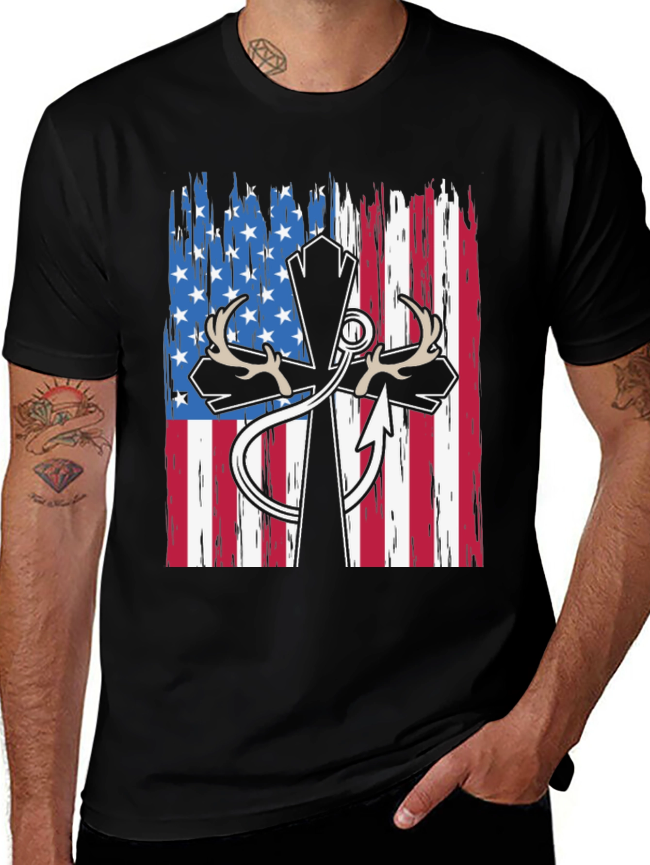 Patriotic Hunting T-Shirt with Cross and Antlers