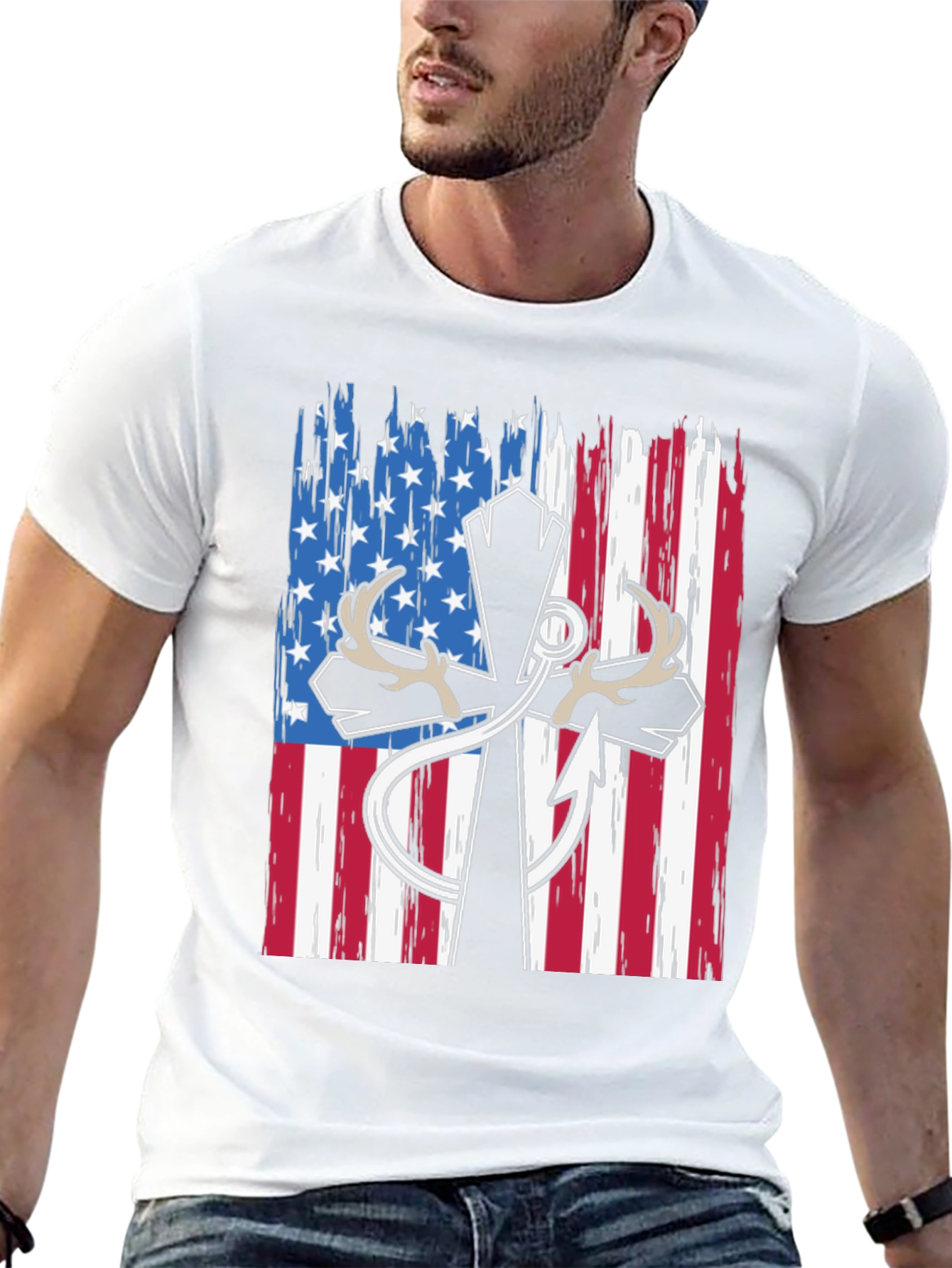 Patriotic Hunting T-Shirt with Cross and Antlers