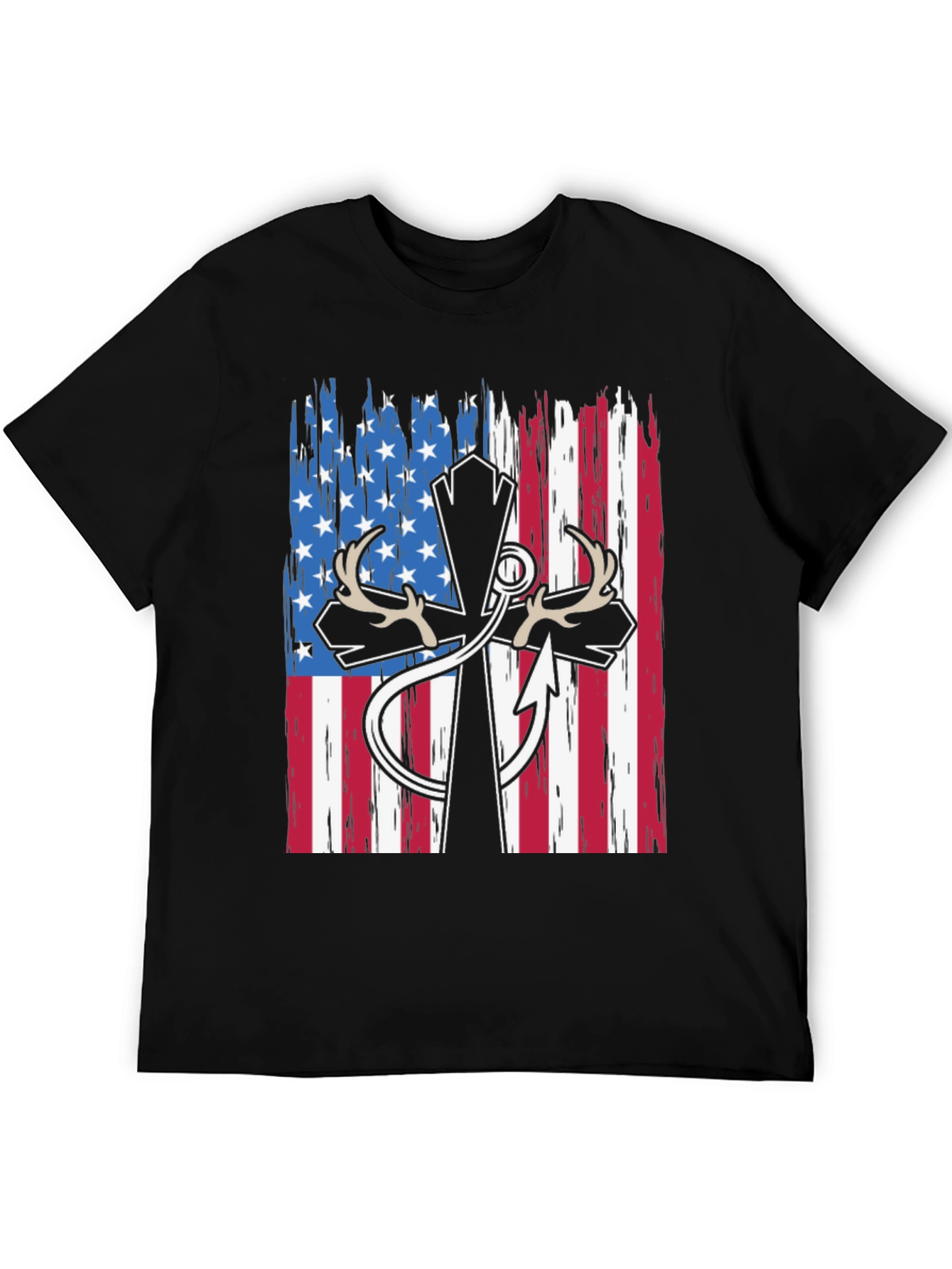 Patriotic Hunting T-Shirt with Cross and Antlers