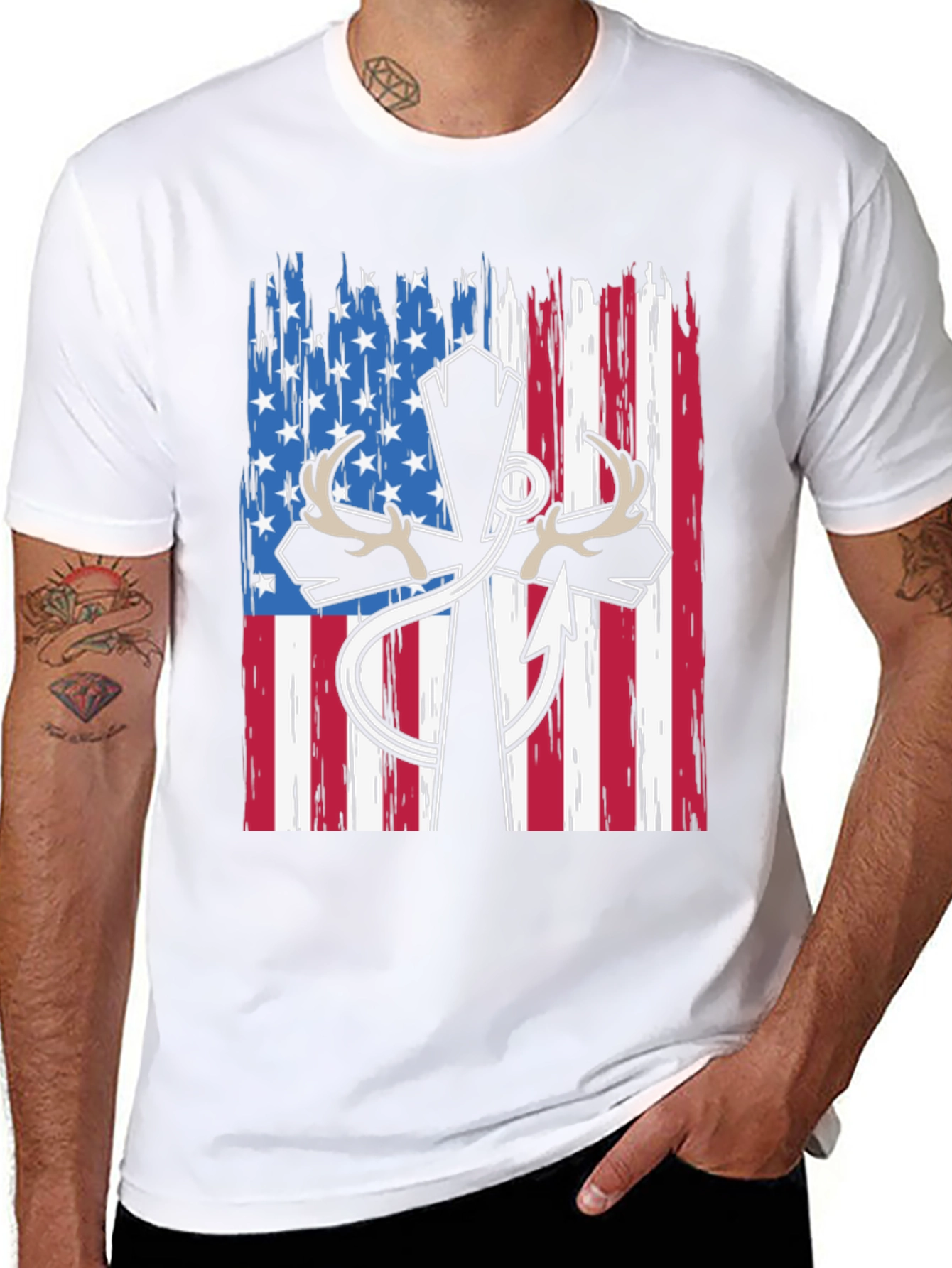 Patriotic Hunting T-Shirt with Cross and Antlers