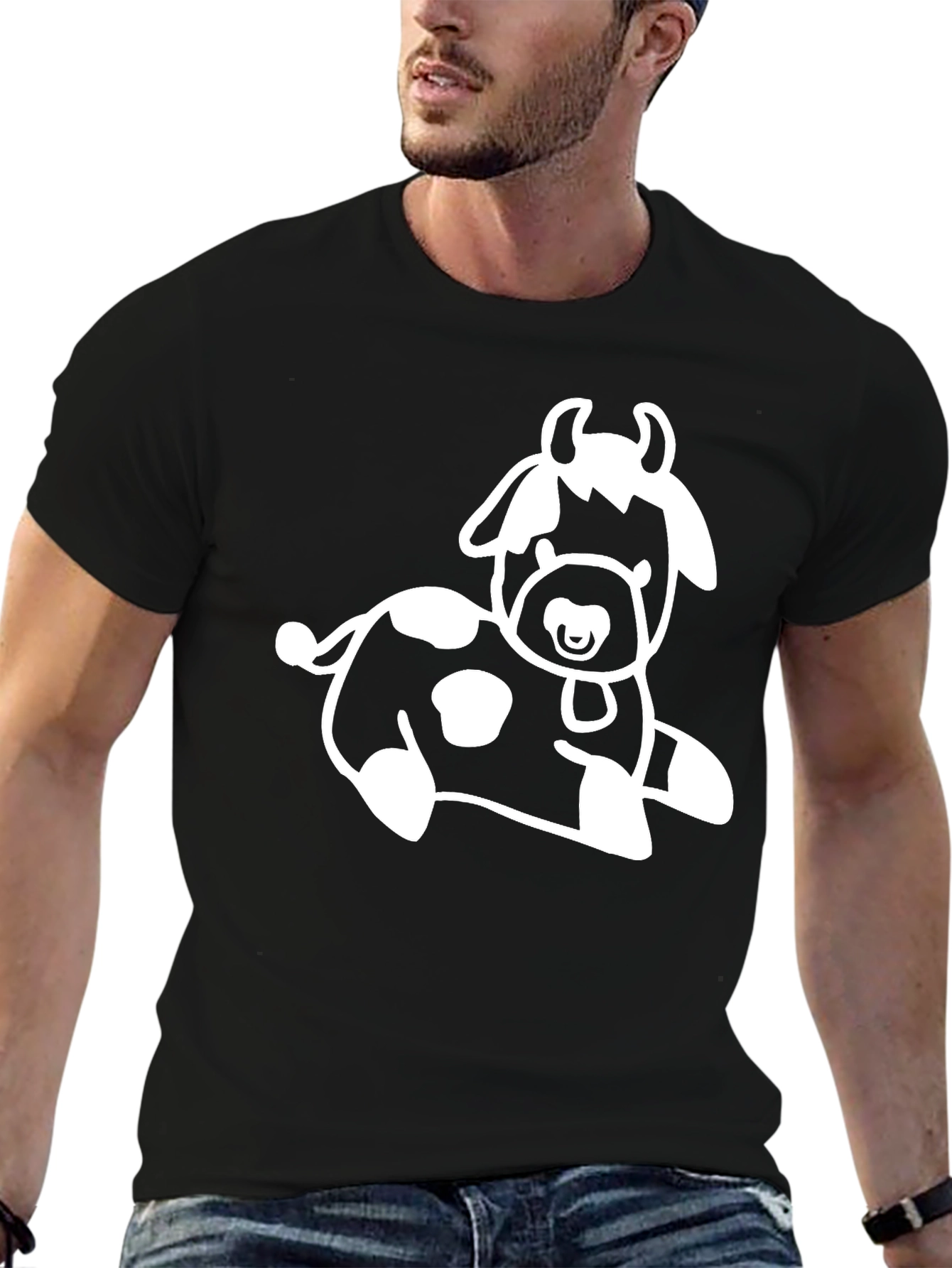 Mens Black T-Shirt with White Cow Graphic
