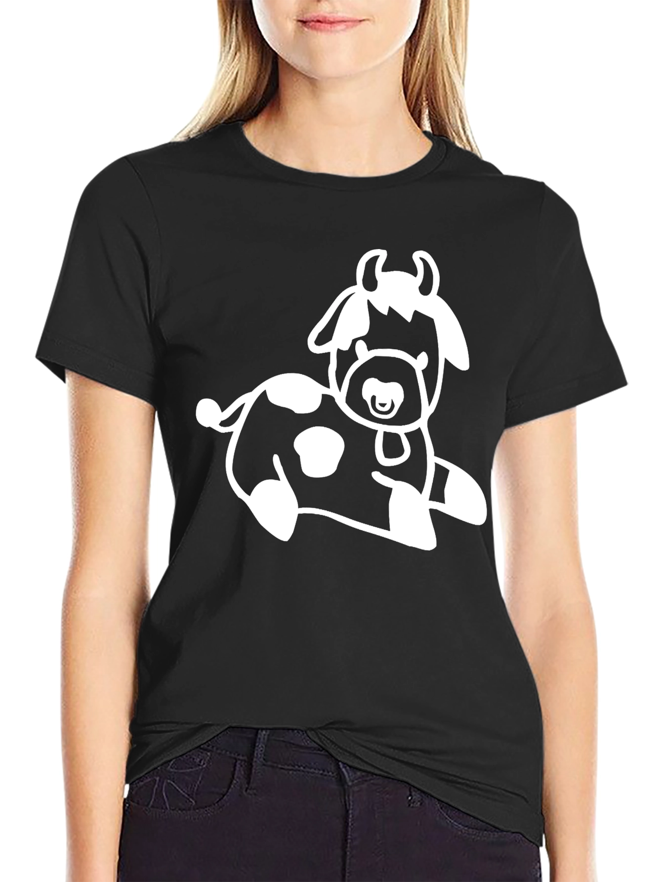 Mens Black T-Shirt with White Cow Graphic