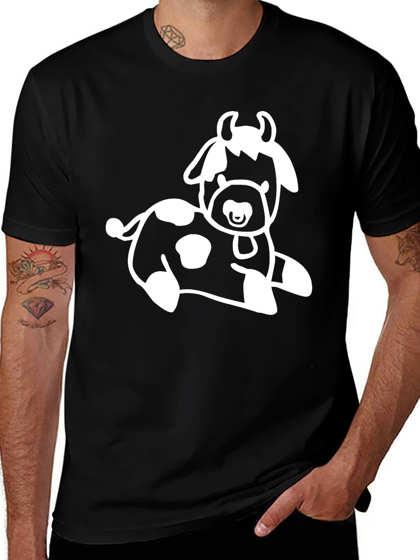 Mens Black T-Shirt with White Cow Graphic