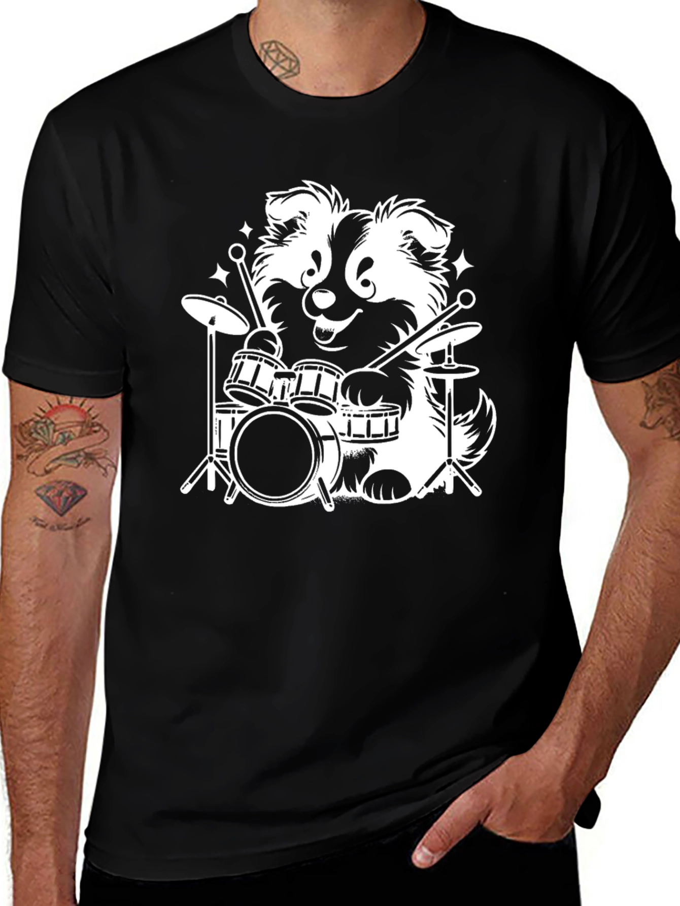 Dog Drummer Graphic Tee - Black Cotton T-Shirt