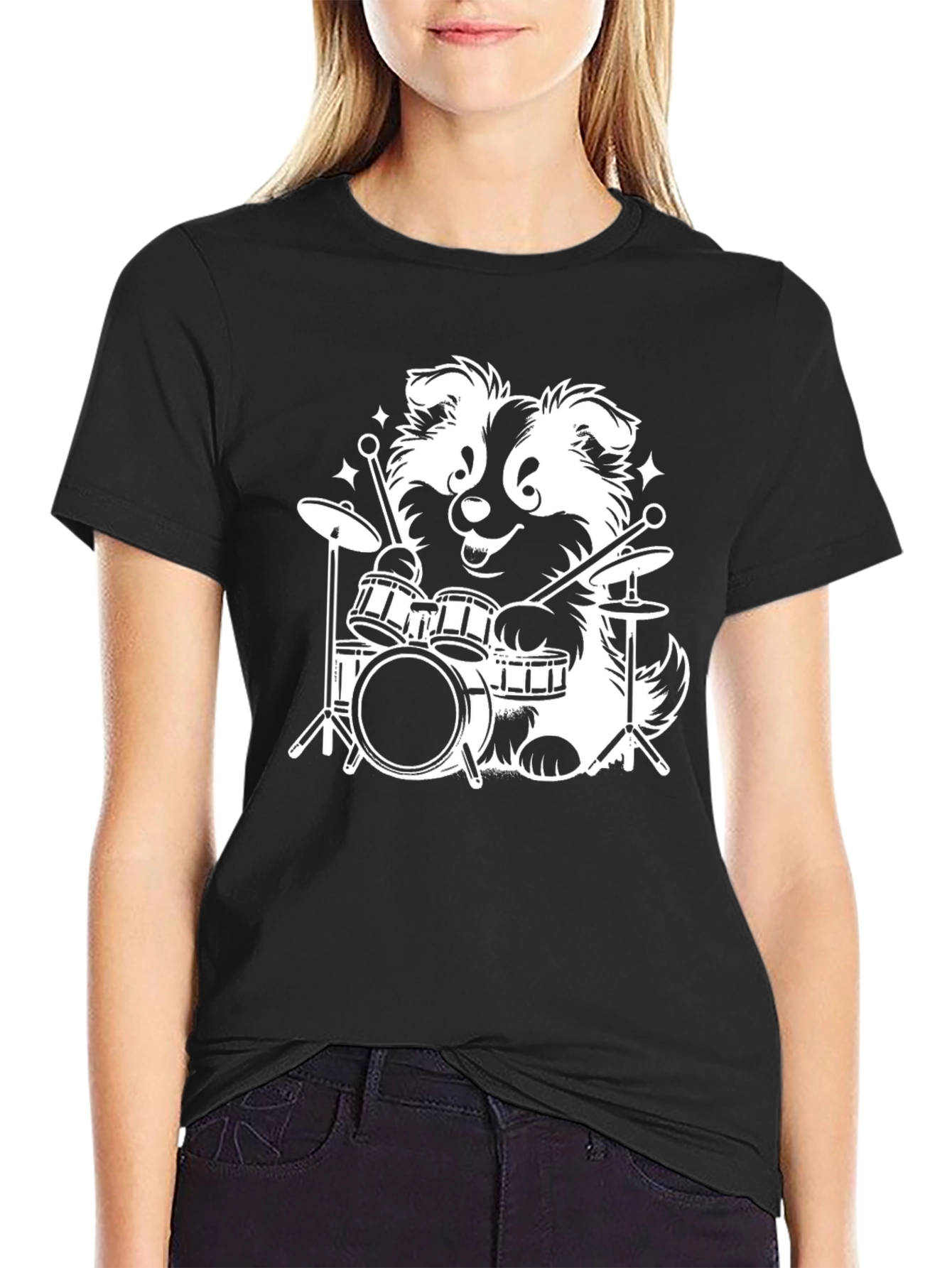 Dog Drummer Graphic Tee - Black Cotton T-Shirt